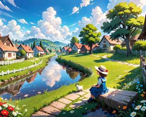 studio ghibli,dutch landscape,summer day,french digital background,france,springtime background,idyllic,landscape background,the netherlands,countryside,heidi country,idyll,dream world,world digital painting,holland,netherlands,blooming field,alsace,home landscape,wonderland,Anime,Anime,General