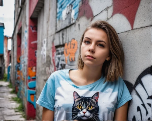 girl in t-shirt,alley cat,street cat,isolated t-shirt,city ​​portrait,alley,tshirt,alleyway,young model istanbul,stray cat,tabby cat,cats on brick wall,street fashion,kat,tee,stray cats,streetlife,jena,girl portrait,rescue alley,Photography,General,Realistic
