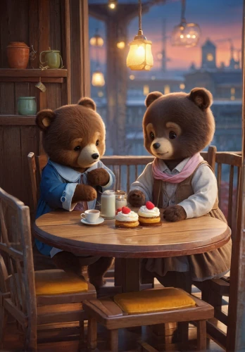 valentine bears,dinner for two,romantic dinner,romantic scene,romantic night,afternoon tea,teddy bears,cute bear,tea time,teatime,tea party,the bears,cute cartoon image,bears,bear cubs,monchhichi,date night,3d teddy,coffee break,drinking coffee