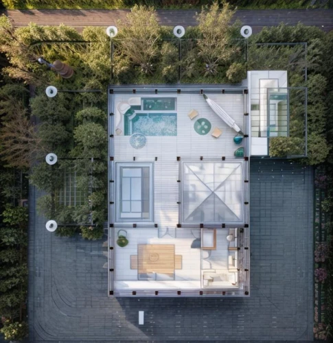 pool house,roof top pool,bird's-eye view,flat roof,floorplan home,garden elevation,roof landscape,outdoor pool,private house,view from above,from above,architect plan,overhead shot,aqua studio,mid century house,house floorplan,drone image,cube house,modern house,bird's eye view,Landscape,Landscape design,Landscape Plan,Realistic