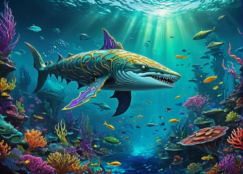 marine reptile,underwater background,underwater landscape,aquarium decor,coelacanth,aquarium inhabitants,bronze hammerhead shark,underwater world,sea animal,aquarium,underwater fish,aquatic animals,marine animal,sea life underwater,sea animals,god of the sea,mermaid background,sea-life,merman,ocean underwater,Illustration,Realistic Fantasy,Realistic Fantasy 39