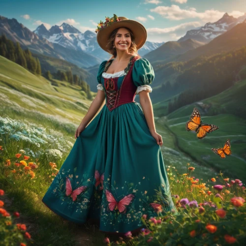 country dress,fantasy picture,heidi country,girl in flowers,celtic woman,girl in a long dress,hoopskirt,digital compositing,fantasy portrait,photo manipulation,photoshop manipulation,image manipulation,vanessa (butterfly),julia butterfly,fairy tale character,princess anna,meadow,beautiful girl with flowers,hipparchia,girl in the garden,Photography,General,Fantasy