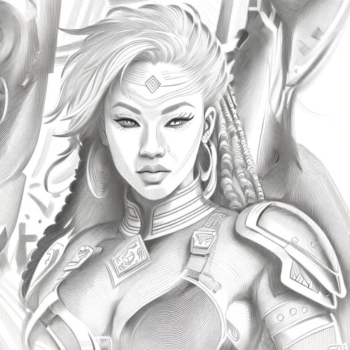 female warrior,lotus art drawing,warrior woman,fantasy portrait,mulan,angel line art,digital drawing,alien warrior,fantasy woman,graphite,digital art,fantasy art,fantasy warrior,jaya,breastplate,asian woman,dark elf,world digital painting,archangel,mono-line line art,Design Sketch,Design Sketch,Character Sketch