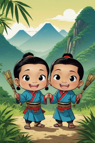 lilo,bamboo flute,villagers,laos,kids illustration,yunnan,guizhou,forest workers,haidong gumdo,nomadic children,game illustration,rice paddies,cute cartoon image,mulan,nan province,animated cartoon,arrowroot family,stick children,island residents,guards of the canyon,Illustration,Children,Children 02