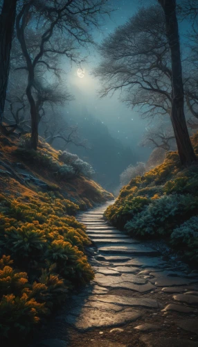 the mystical path,fantasy landscape,forest path,moonlit night,forest landscape,fairytale forest,fantasy picture,the path,path,pathway,fairy forest,forest of dreams,foggy landscape,moonlit,hollow way,hiking path,winding road,enchanted forest,wooden path,evening atmosphere,Photography,General,Fantasy