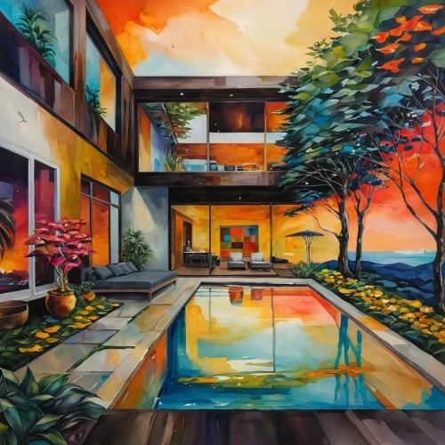 oil painting on canvas,oil on canvas,acapulco,an apartment,contemporary,tropical house,condo,house painting,hacienda,apartment complex,vietnam,apartment house,apartments,apartment,villa,kohphangan,koi pond,oil painting,bali,home landscape,Illustration,Paper based,Paper Based 04