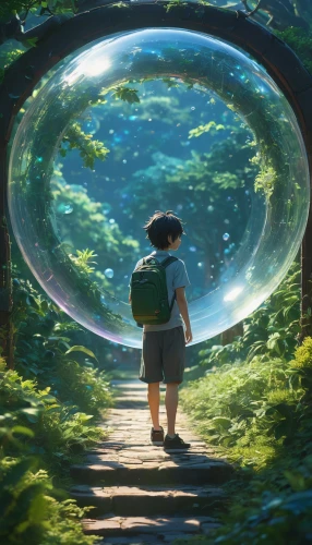 studio ghibli,crystal ball,glass sphere,dream world,dreams catcher,giant soap bubble,glass ball,green bubbles,magical adventure,world digital painting,looking glass,fantasy picture,fantasy world,violet evergarden,3d fantasy,lensball,wonderland,exploration,crystal ball-photography,fairy world,Photography,General,Fantasy