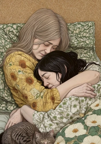 cat family,cat lovers,tenderness,cat love,domestic long-haired cat,little girl and mother,kate greenaway,sleeping,snuggle,cuddling,carol colman,comfort,sleeping cat,tender,cuddle,napping,domestic cat,comforter,pillow,robert harbeck