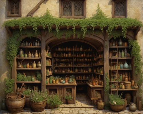 apothecary,bookstore,bookshop,book store,bookshelves,bookcase,bookshelf,medieval architecture,book wall,pharmacy,merchant,shopkeeper,shelves,potions,flower shop,candlemaker,bookworm,soap shop,village shop,brandy shop,Illustration,Realistic Fantasy,Realistic Fantasy 05