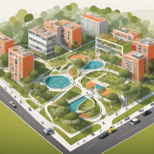 urban design,north american fraternity and sorority housing,urban development,3d rendering,new housing development,school design,urban park,apartment complex,landscape plan,isometric,hospital landing pad,hotel complex,resort town,mixed-use,artificial islands,smart city,residential,residential area,town planning,suburban,Illustration,Vector,Vector 05