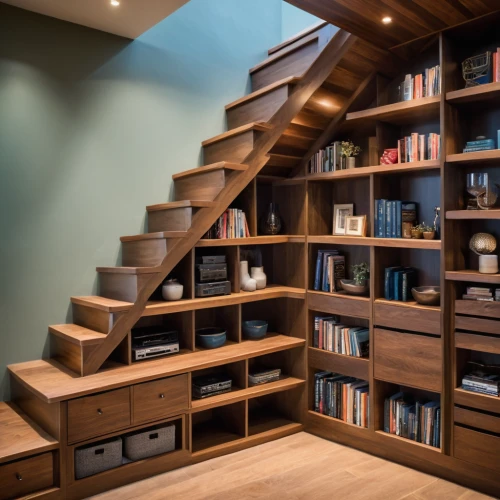 bookshelves,bookcase,bookshelf,shelving,wooden stairs,shelves,walk-in closet,winding staircase,entertainment center,book wall,wooden shelf,outside staircase,cabinetry,circular staircase,staircase,spiral stairs,wooden stair railing,storage cabinet,stair,stairs,Photography,General,Cinematic