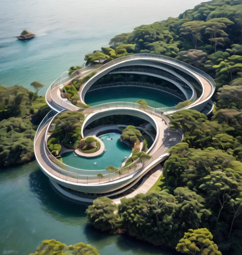 artificial island,infinity swimming pool,artificial islands,futuristic architecture,winding roads,highway roundabout,futuristic landscape,winding road,72 turns on nujiang river,swim ring,island suspended,winding,environmental art,circular ring,time spiral,helix,uninhabited island,torus,futuristic art museum,circular puzzle