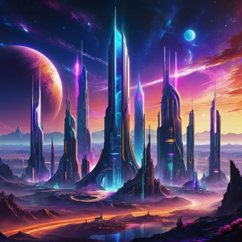 futuristic landscape,fantasy landscape,alien world,alien planet,space art,fantasy city,fantasy world,fantasy picture,3d fantasy,fantasy art,cg artwork,starscape,fantasia,ancient city,dream world,vast,spacescraft,arcanum,exoplanet,space port,Illustration,Realistic Fantasy,Realistic Fantasy 20