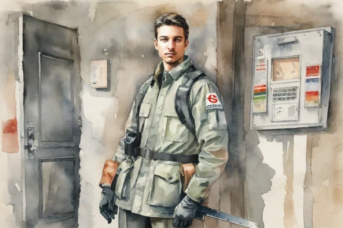 combat medic,military person,watercolor sketch,soldier,medic,watercolor,war correspondent,pilot,paramedic,coveralls,male nurse,vietnam veteran,watercolor painting,physician,military uniform,watercolour,vet,firefighter,a uniform,paratrooper,Digital Art,Watercolor