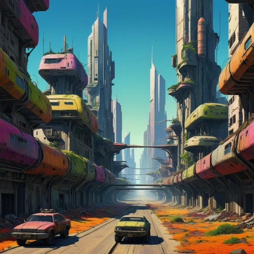 futuristic landscape,colorful city,street canyon,fantasy city,suburb,city highway,aurora village,city blocks,post-apocalyptic landscape,urbanization,cityscape,racing road,world digital painting,parking lot,valerian,the street,ancient city,cities,parking place,apartment blocks,Illustration,Realistic Fantasy,Realistic Fantasy 07