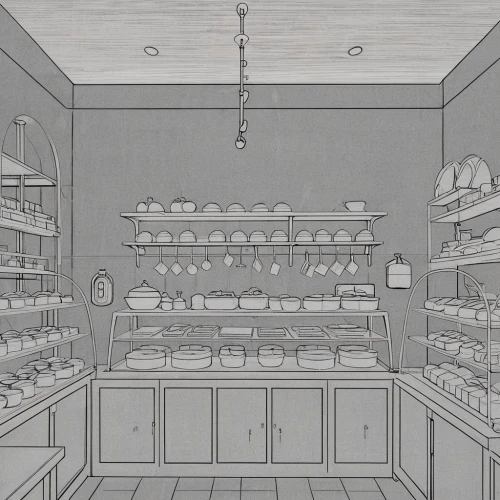 apothecary,pantry,kitchen shop,bakery,shelves,brandy shop,soap shop,pharmacy,store,inventory,shelving,pastry shop,the shop,empty shelf,candy store,bakery products,grocer,china cabinet,shopkeeper,candy shop,Design Sketch,Design Sketch,Blueprint