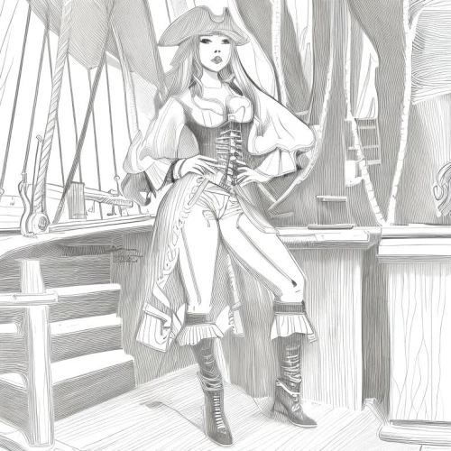 pirate,girl on the boat,east indiaman,scarlet sail,pirates,tall ship,the sea maid,full-rigged ship,seafaring,fashion sketch,thames trader,galleon,vintage drawing,delta sailor,mayflower,tallship,sails,sailer,barquentine,mariner,Design Sketch,Design Sketch,Character Sketch