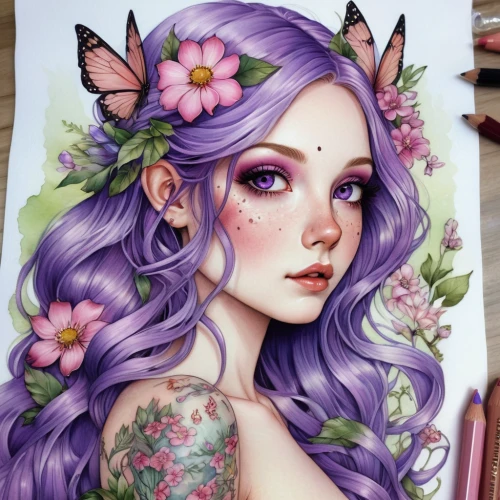 lilac blossom,butterfly lilac,lilac flower,lilac bouquet,fae,lilac flowers,lilacs,flower fairy,faerie,lilac tree,fantasy portrait,lilac branch,precious lilac,violet head elf,faery,lilac branches,lilac arbor,copic,garden fairy,lilac,Illustration,Abstract Fantasy,Abstract Fantasy 11