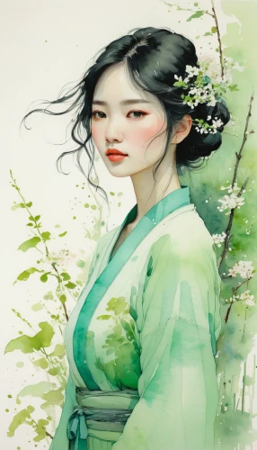 hanbok,junshan yinzhen,chinese art,japanese art,geisha,oriental painting,geisha girl,plum blossom,plum blossoms,mulan,oriental princess,oriental girl,korean culture,japanese woman,flower painting,white blossom,watercolor women accessory,rou jia mo,mukimono,jasmine blossom,Illustration,Paper based,Paper Based 19