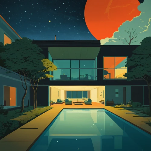 mid century house,mid century modern,mid century,pool house,sci fiction illustration,house silhouette,earth rise,futuristic landscape,suburbs,real-estate,beach house,vector illustration,modern house,beachhouse,travel poster,home landscape,houses clipart,luxury property,retro styled,abstract retro,Illustration,Vector,Vector 05