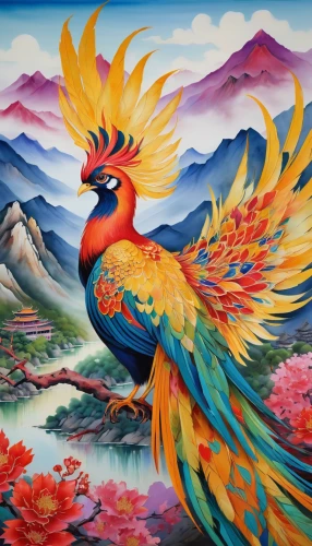 bird painting,colorful birds,phoenix rooster,oriental painting,rosella,chinese art,khokhloma painting,ornamental bird,an ornamental bird,pachamama,asian bird,tropical bird,flower and bird illustration,exotic bird,bird kingdom,yunnan,japanese art,guacamaya,inca dove,tropical bird climber,Illustration,Paper based,Paper Based 06