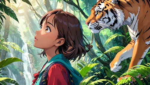 mowgli,forest animals,tarzan,zookeeper,young tiger,animal film,girl and boy outdoor,animal world,tiger lily,tigers,chestnut tiger,a tiger,a collection of short stories for children,studio ghibli,asian tiger,sumatran,kids illustration,tropical animals,children's background,jungle,Anime,Anime,Traditional