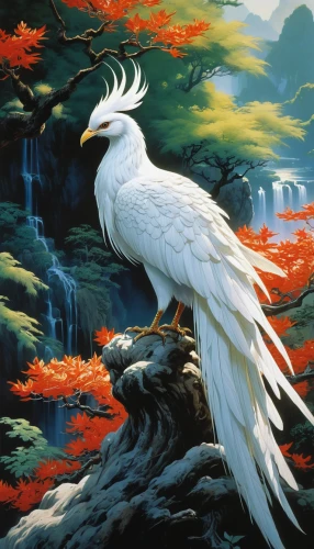 fujian white crane,egret,white heron,white egret,snowy egret,firebird,white eagle,dove of peace,great egret,white bird,red-crowned crane,bird painting,great white egret,bird kingdom,aquatic bird,fairy tern,trumpet of the swan,migratory bird,waterbird,crane-like bird,Conceptual Art,Fantasy,Fantasy 20