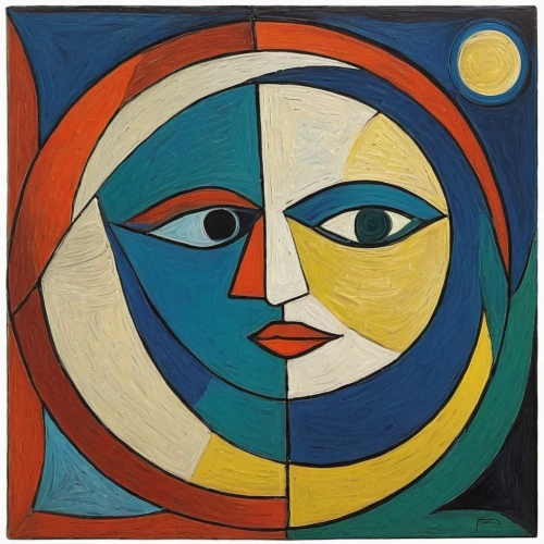 sun and moon,picasso,3-fold sun,woman's face,indigenous painting,spring equinox,cubism,two people,sun moon,celestial bodies,masque,geocentric,phase of the moon,man and woman,decorative figure,moon phase,indian art,woman face,gemini,harmonia macrocosmica,Art,Artistic Painting,Artistic Painting 05
