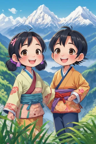 rice mountain,girl and boy outdoor,kimonos,rice paddies,rice terrace,spring festival,mountain scene,ricefield,hanbok,rice fields,yamada's rice fields,landscape background,japanese floral background,japanese background,yunnan,game illustration,fuji,bukchon,the rice field,horumonyaki,Illustration,Japanese style,Japanese Style 02