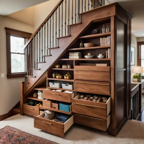 wooden stair railing,storage cabinet,wooden stairs,cabinetry,bookcase,walk-in closet,kitchen cart,shelving,spice rack,pantry,shoe cabinet,entertainment center,bookshelves,dish storage,china cabinet,wooden shelf,dresser,bookshelf,wine rack,drawers,Photography,General,Cinematic