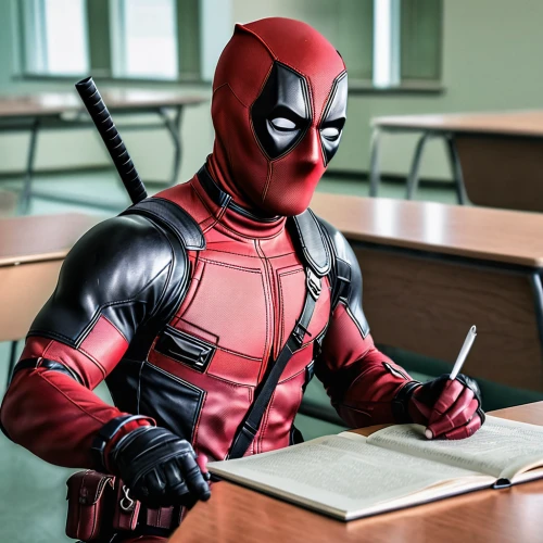 deadpool,dead pool,detention,tutoring,school desk,tutor,learn to write,digital compositing,red pen,coloring picture,the local administration of mastery,suit actor,writing utensils,writing articles,coloring,writing pad,daredevil,pencils,writing implement,write a review,Photography,General,Realistic