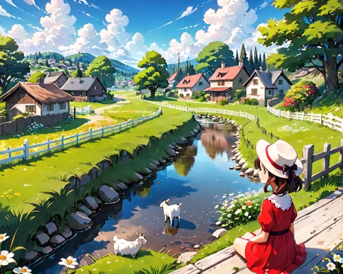 studio ghibli,heidi country,countryside,dream world,idyllic,escher village,landscape background,yamada's rice fields,wonderland,fantasy world,farm background,japan landscape,rural landscape,summer day,home landscape,farm landscape,game illustration,alpine village,alpine pastures,fantasy picture,Anime,Anime,Traditional