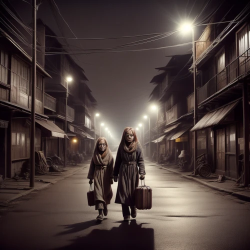 nomadic children,hanok,korean folk village,bukchon,human settlement,photo manipulation,travelers,shirakawa-go,nomads,hashima,south korea,photomanipulation,poverty,orphans,souk,children of war,conceptual photography,night image,vintage boy and girl,seoul