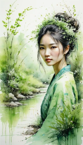 chinese art,world digital painting,hanbok,vietnamese woman,flower painting,green landscape,watercolor background,oriental girl,korean culture,oriental painting,asian woman,junshan yinzhen,digital painting,oriental princess,girl in the garden,photo painting,songpyeon,xuan lian,fantasy portrait,japanese woman,Illustration,Paper based,Paper Based 13