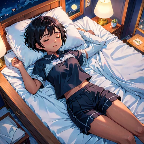 sleeping,sleeping rose,asleep,sleep,napping,zzz,lying down,2d,dreaming,bed,sleeping beauty,sleeping room,resting,blue pillow,stargazing,starry sky,sleepyhead,nap,clear night,to sleep,Anime,Anime,Traditional