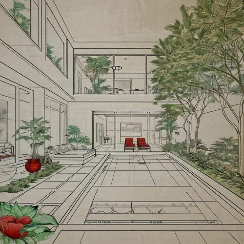 garden elevation,japanese architecture,garden design sydney,the garden society of gothenburg,cool woodblock images,chinese architecture,oriental painting,ikebana,sheet drawing,asian architecture,mid century modern,vintage drawing,woodblock prints,dongfang meiren,ryokan,mid century,school design,archidaily,architect plan,vintage botanical,Design Sketch,Design Sketch,Blueprint