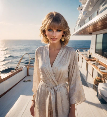 on a yacht,yacht,girl on the boat,at sea,nautical star,breathtaking,enchanting,boat ride,navy,sailing orange,sailing yacht,vanity fair,queen of liberty,sails,malibu,bathrobe,yachts,on the pier,sailing,queen,Photography,Realistic
