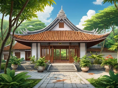 asian architecture,thai temple,buddhist temple,white temple,roof landscape,hall of supreme harmony,taman ayun temple,chinese temple,vietnam,bali,pagoda,traditional house,gazebo,the golden pavilion,landscape background,feng shui golf course,zen garden,wooden roof,temple,golden pavilion,Illustration,Japanese style,Japanese Style 04