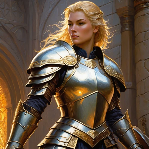 paladin,joan of arc,female warrior,heroic fantasy,knight armor,swordswoman,massively multiplayer online role-playing game,crusader,gold wall,defense,cuirass,golden crown,mary-gold,sterntaler,heavy armour,armor,fantasy warrior,fantasy portrait,breastplate,fantasy woman,Illustration,Realistic Fantasy,Realistic Fantasy 03