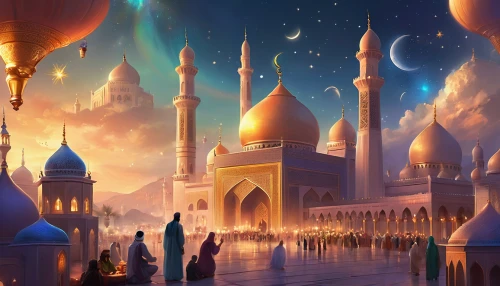 ramadan background,rem in arabian nights,arabic background,fantasy city,world digital painting,aladdin,sci fiction illustration,riad,fantasy world,fantasy art,fantasy picture,mosques,fantasy landscape,islamic lamps,ancient city,cg artwork,hot-air-balloon-valley-sky,grand bazaar,3d fantasy,grand mosque,Illustration,Realistic Fantasy,Realistic Fantasy 01