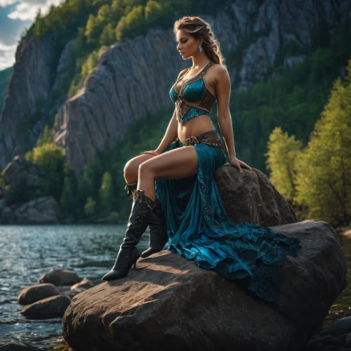 celtic woman,celtic queen,girl on the river,rusalka,warrior woman,loreley,water nymph,girl in a long dress,portrait photography,perched on a log,passion photography,elsa,female model,turquoise leather,blue enchantress,fantasy picture,turquoise,fantasy woman,pocahontas,mermaid,Photography,General,Fantasy