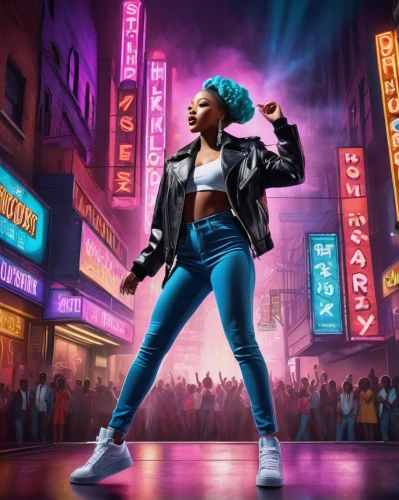 album cover,cg artwork,spotify icon,hip-hop dance,world digital painting,ester williams-hollywood,would a background,media concept poster,concert dance,music background,street dance,concept art,roller skating,sci fiction illustration,musical background,jeans background,street dancer,harlem,city trans,cd cover,Illustration,Realistic Fantasy,Realistic Fantasy 21