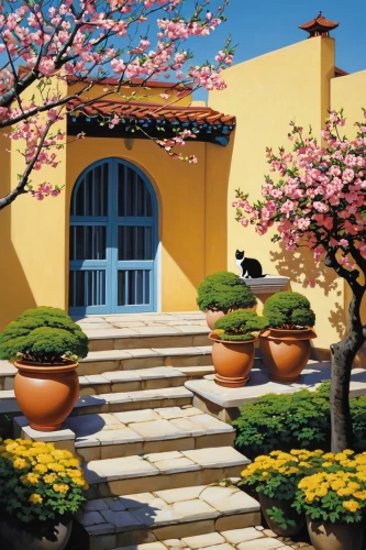 bougainvilleas,home landscape,flowering shrubs,landscaping,yellow garden,oriental painting,exterior decoration,bougainvillea,roof landscape,ornamental shrubs,splendor of flowers,courtyard,house painting,cat greece,patio,springtime background,flower shop,almond tree,flower painting,hacienda,Illustration,American Style,American Style 05