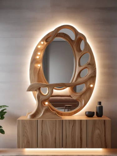wood mirror,circle shape frame,wall lamp,makeup mirror,dressing table,wall light,wooden bowl,wooden shelf,wooden mockup,exterior mirror,beauty room,mirror frame,semi circle arch,magic mirror,parabolic mirror,table lamp,bamboo frame,porthole,modern decor,sconce,Photography,General,Realistic