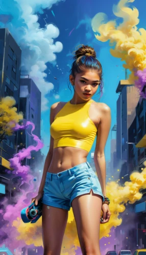 female runner,world digital painting,workout icons,sci fiction illustration,game art,game illustration,action-adventure game,sports girl,yellow and blue,running,mobile video game vector background,rosa ' amber cover,digital compositing,sprint woman,colorful city,digital painting,muscle woman,cyberpunk,jog,street sports