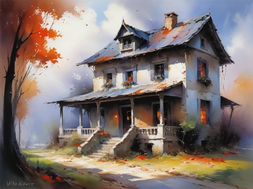 witch's house,lonely house,old house,house painting,haunted house,the haunted house,old home,abandoned house,little house,house in the forest,witch house,home landscape,ancient house,victorian house,small house,country cottage,two story house,country house,fall landscape,farmhouse,Conceptual Art,Oil color,Oil Color 03