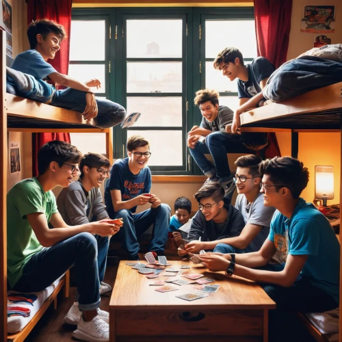 dormitory,card games,boy's room picture,card game,chess men,board game,playing cards,chess game,children studying,teens,game room,male youth,hostel,playing room,teenagers,recreation room,card table,play cards,gamers,students,Conceptual Art,Fantasy,Fantasy 16