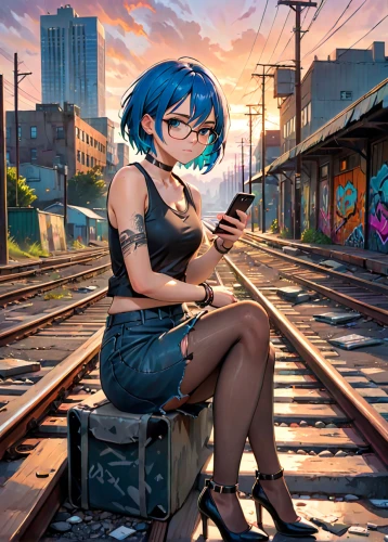 2d,the girl at the station,texting,cell phone,reading,woman holding a smartphone,sonoda love live,anime girl,bookworm,graffiti,world digital painting,girl studying,hatsune miku,holding ipad,phone,on the phone,graffiti art,summer evening,railroad track,anime,Anime,Anime,General
