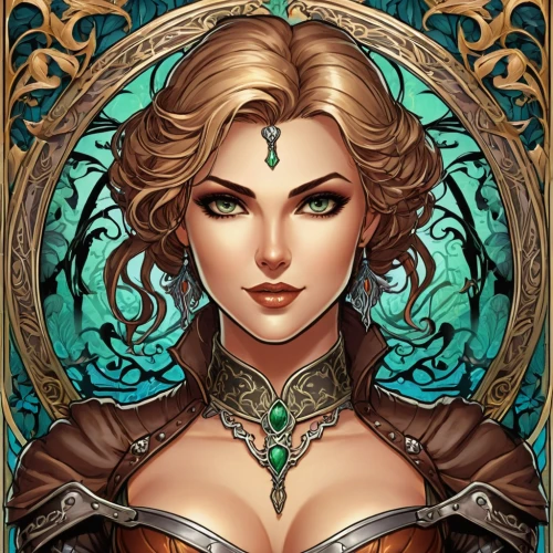 celtic queen,sorceress,fantasy portrait,elven,zodiac sign libra,caerula,the enchantress,art nouveau,art nouveau design,custom portrait,vanessa (butterfly),elsa,dryad,portrait background,jessamine,fairy tale icons,artemisia,priestess,rosa ' amber cover,zodiac sign gemini,Illustration,Retro,Retro 13