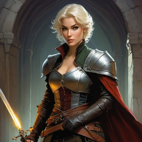 female warrior,heroic fantasy,swordswoman,fantasy woman,fantasy portrait,joan of arc,sorceress,fantasy art,fantasy warrior,massively multiplayer online role-playing game,paladin,dark elf,blonde woman,male elf,breastplate,female doctor,sci fiction illustration,sterntaler,maiden,strong women,Illustration,Realistic Fantasy,Realistic Fantasy 16